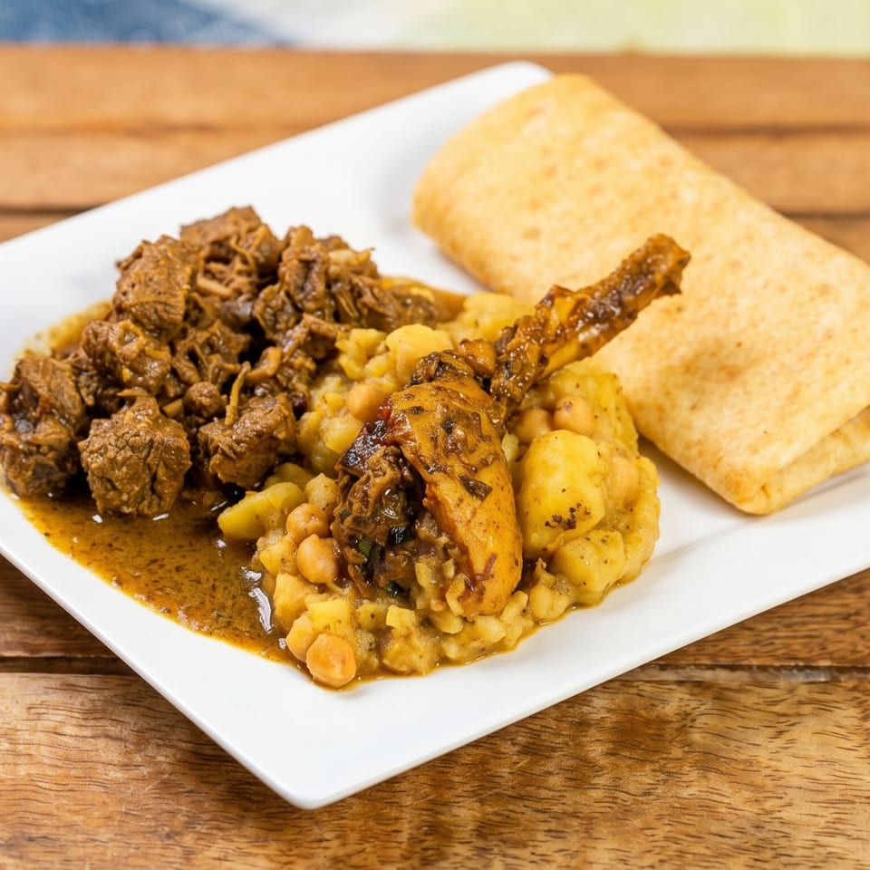 A white plate with stewed meat, chicken, chickpeas, potatoes, and a folded flatbread.