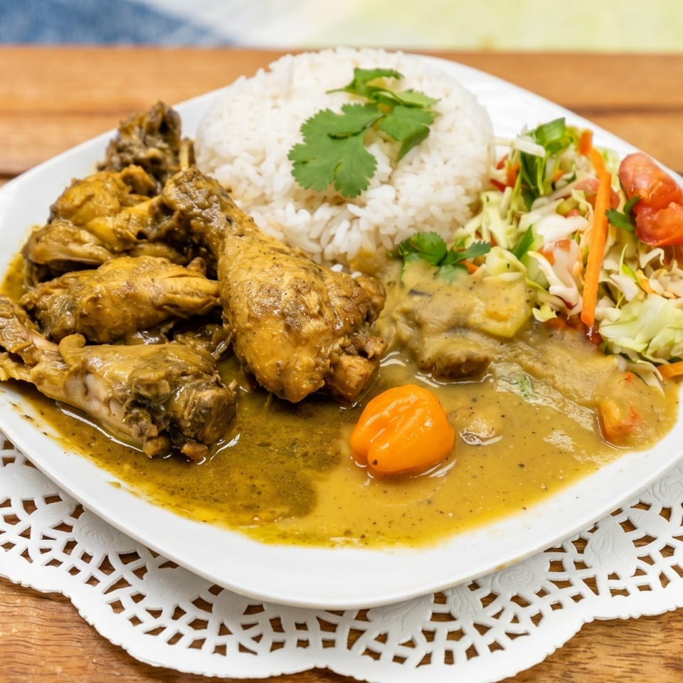 Curried chicken with rice, salad, and a whole habanero pepper on a white plate.
